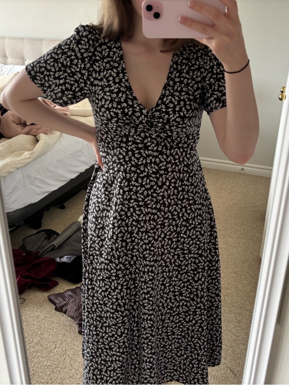SHEIN Black White Floral Wrap-Style Midi Dress